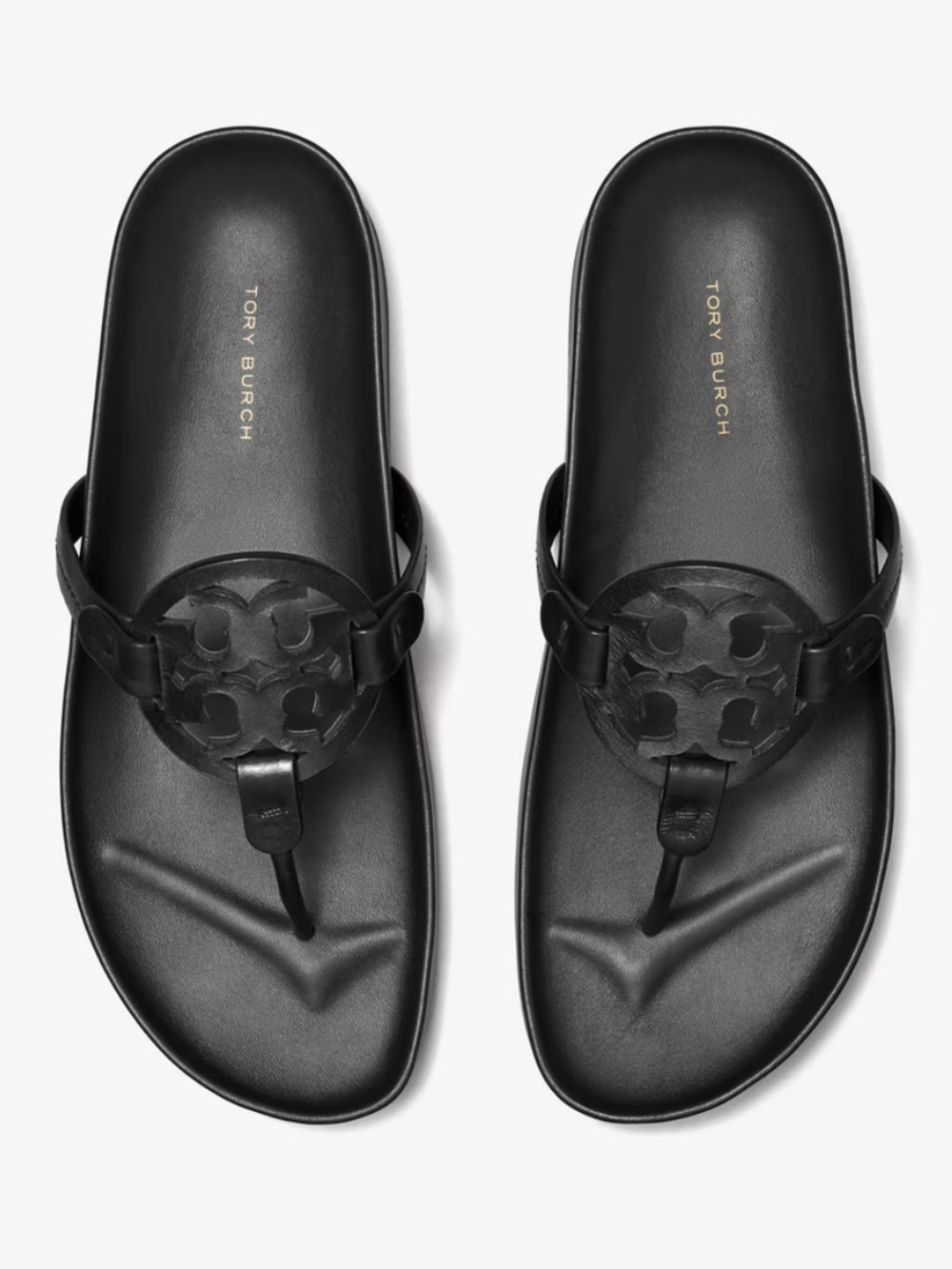 Tory Burch Miller Cloud Sandals Black Leather Logo Thong Sandals - Picture 11 of 14